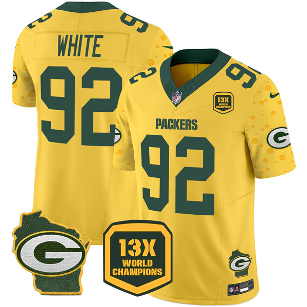 Men's Green Bay Packers #92 Reggie White Gold 2024 F.U.S.E. 13 Time World Champions And Home Patch Vapor Untouchable Limited Football Stitched Jersey