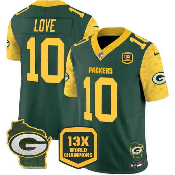 Men's Green Bay Packers #10 Jordan Love Green 2024 F.U.S.E. 13 Time World Champions And Home Patch Vapor Untouchable Limited Football Stitched Jersey