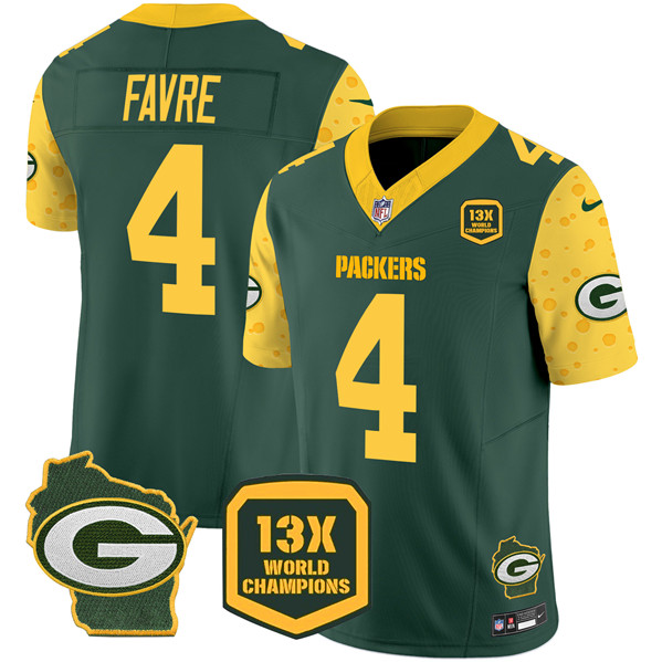 Men's Green Bay Packers #4 Brett Favre Green 2024 F.U.S.E. 13 Time World Champions And Home Patch Vapor Untouchable Limited Football Stitched Jersey