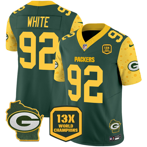 Men's Green Bay Packers #92 Reggie White Green 2024 F.U.S.E. 13 Time World Champions And Home Patch Vapor Untouchable Limited Football Stitched Jersey