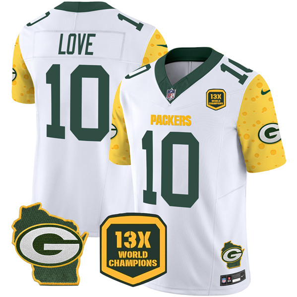 Men's Green Bay Packers #10 Jordan Love White 2024 F.U.S.E. 13 Time World Champions And Home Patch Vapor Untouchable Limited Football Stitched Jersey