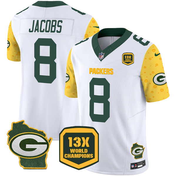 Men's Green Bay Packers #8 Josh Jacobs White 2024 F.U.S.E. 13 Time World Champions And Home Patch Vapor Untouchable Limited Football Stitched Jersey