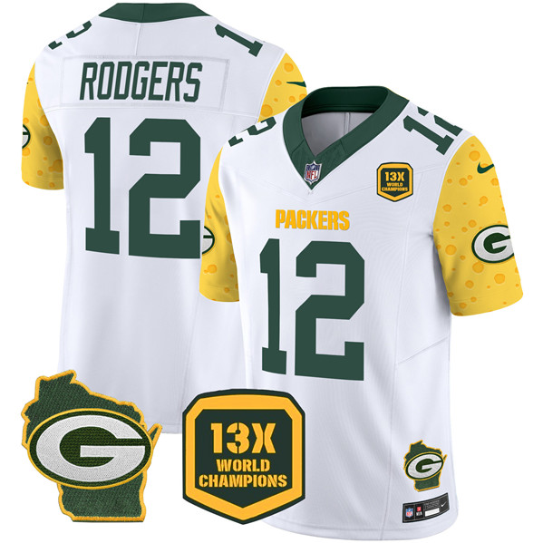 Men's Green Bay Packers #12 Aaron Rodgers White 2024 F.U.S.E. 13 Time World Champions And Home Patch Vapor Untouchable Limited Football Stitched Jersey