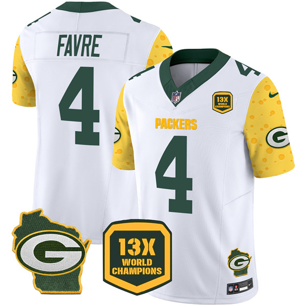 Men's Green Bay Packers #4 Brett Favre White 2024 F.U.S.E. 13 Time World Champions And Home Patch Vapor Untouchable Limited Football Stitched Jersey