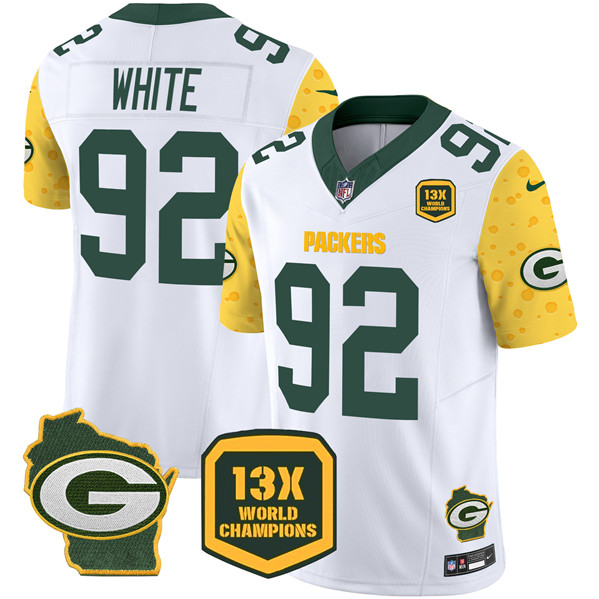 Men's Green Bay Packers #92 Reggie White White 2024 F.U.S.E. 13 Time World Champions And Home Patch Vapor Untouchable Limited Football Stitched Jersey