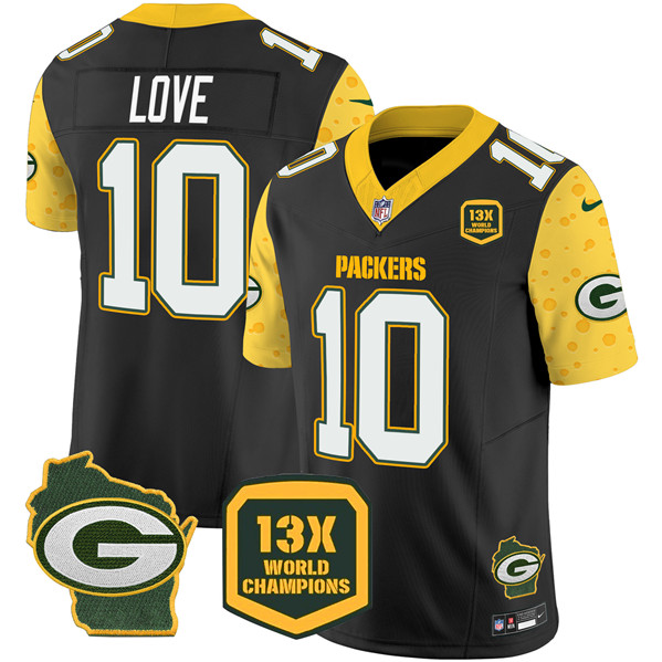 Men's Green Bay Packers #10 Jordan Love Black 2024 F.U.S.E. 13 Time World Champions And Home Patch Vapor Untouchable Limited Football Stitched Jersey