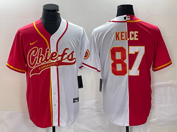 Men??s Kansas City Chiefs #87 Travis Kelce Red White Split Cool Base Stitched Baseball Jersey