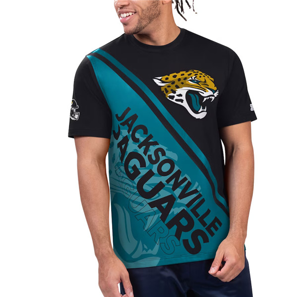 Men's Jacksonville Jaguars Black/Teal Starter Finish Line T-Shirt - Click Image to Close