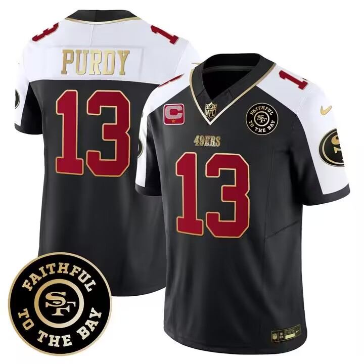 Men's San Francisco 49ers #13 Brock Purdy White balck 2023 F.U.S.E. With 1-Star C Patch and Faithful To The Bay Patch Football Stitched Game Jersey