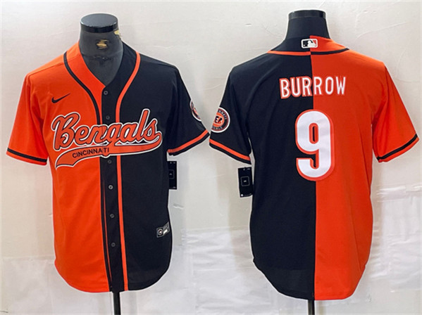 Men's Cincinnati Bengals #9 Joe Burrow Black/Orange Split With Patch Cool Base Stitched Jersey