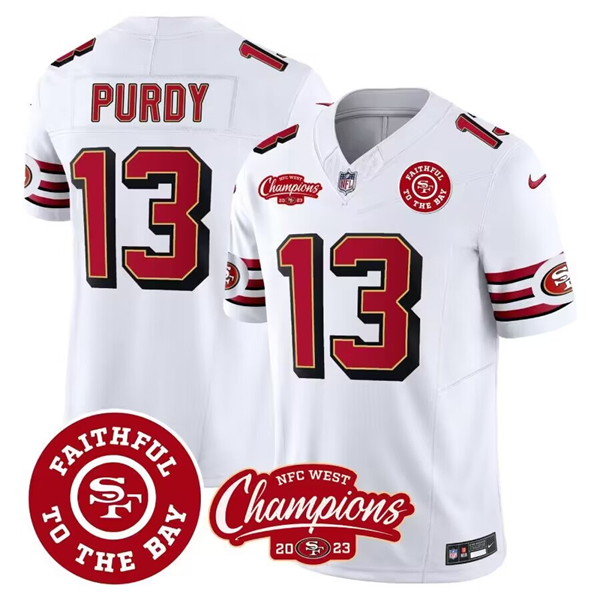 Men's San Francisco 49ers #13 Brock Purdy White 2023 F.U.S.E. Faithful To The Bay And NFC West Champions Patch Football Stitched Jersey