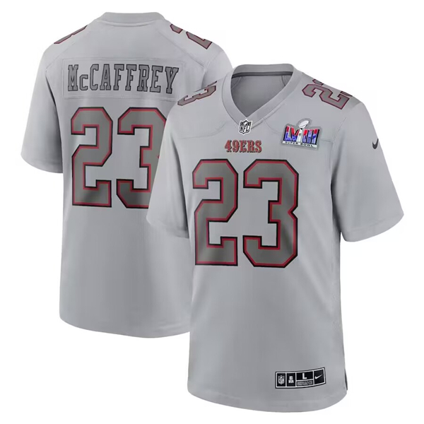 Men's San Francisco 49ers #23 Christian McCaffrey Gray 2024 Super Bowl LVIII Patch Atmosphere Fashion Football Stitched Game Jersey