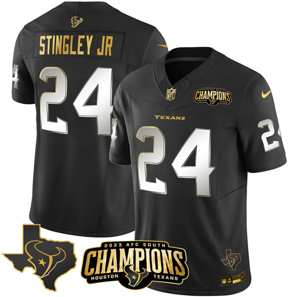 Men's Houston Texans #24 Derek Stingley Jr. Black Golden 2023 F.U.S.E. With AFC South Champions Patch And Team Logo Patch Limited Football Stitched Jersey - Click Image to Close