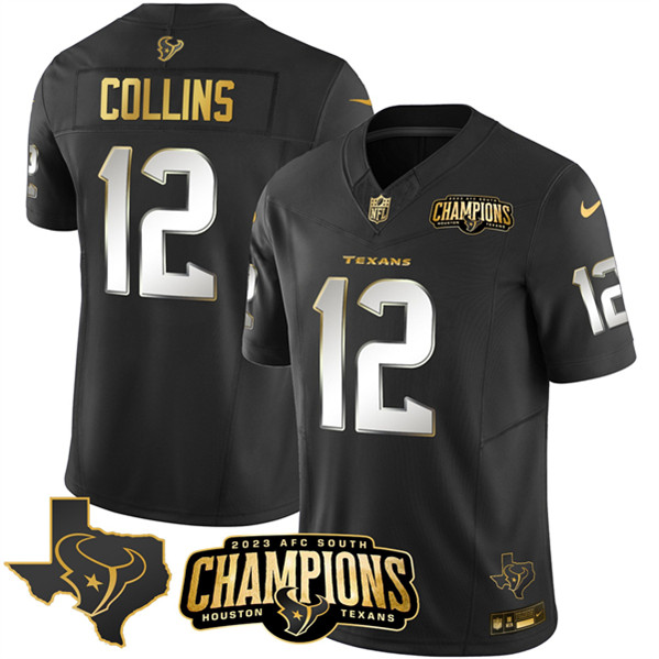 Men's Houston Texans #12 Nico Collins Black Golden 2023 F.U.S.E. With AFC South Champions Patch And Team Logo Patch Limited Football Stitched Jersey - Click Image to Close