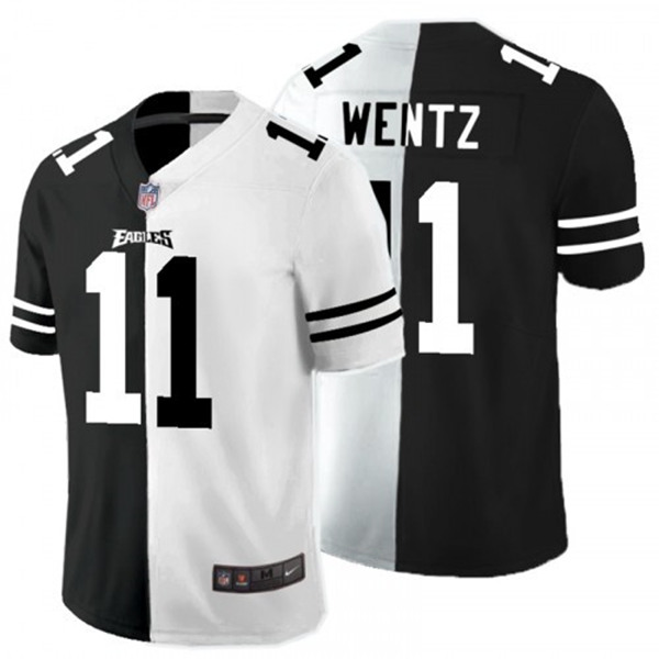 Men's Philadelphia Eagles #11 Carson Wentz Black White Split 2020 Stitched Jersey