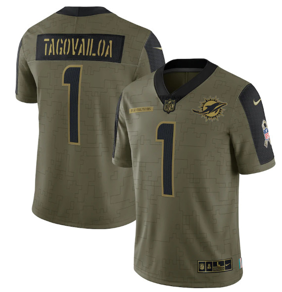 Men's Miami Dolphins #1 Tua Tagovailoa 2021 Olive Salute To Service Limited Stitched Jersey