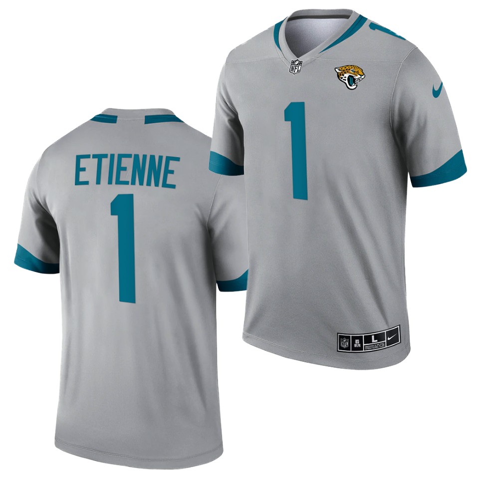 Men's Jacksonville Jaguars #1 Travis Etienne JR Silver 2021 Inverted Legend Stitched Jersey