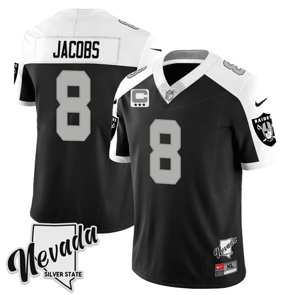 Men's Las Vegas Raiders #8 Josh Jacobs Black/White 2023 F.U.S.E Nevada Silver Stat With 3-Star C patch Football Stitched Jersey