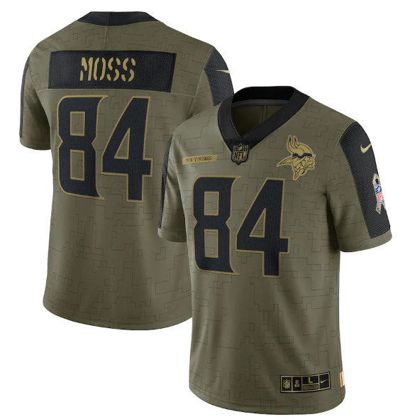 Men's Minnesota Vikings #84 Randy Moss 2021 Olive Salute To Service Limited Stitched Jersey