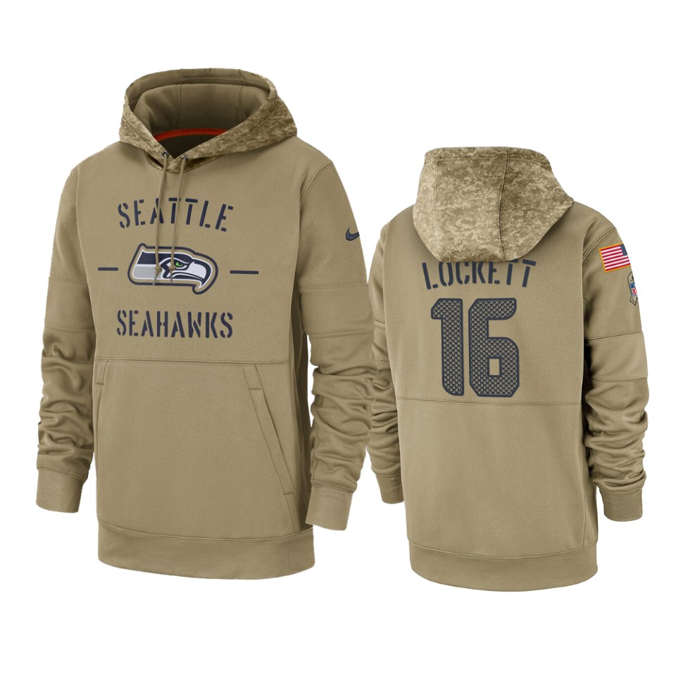 Men's Seattle Seahawks #16 Tyler Lockett Tan 2019 Salute to Service Sideline Therma Pullover Hoodie