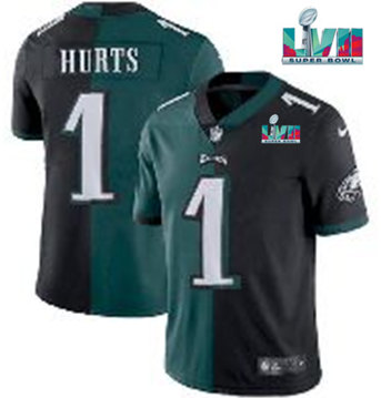 Men's Philadelphia Eagles #1 Jalen Hurts Black & Green Split Super Bowl LVII Patch Limited Stitched Jersey