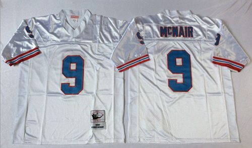 Men's Mitchell And Ness Oilers/ Tennessee Titans #9 Steve McNair White Throwback Stitched Jersey