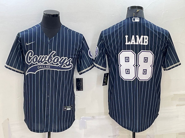 Men's Dallas Cowboys #88 CeeDee Lamb Navy With Patch Cool Base Stitched Baseball Jersey