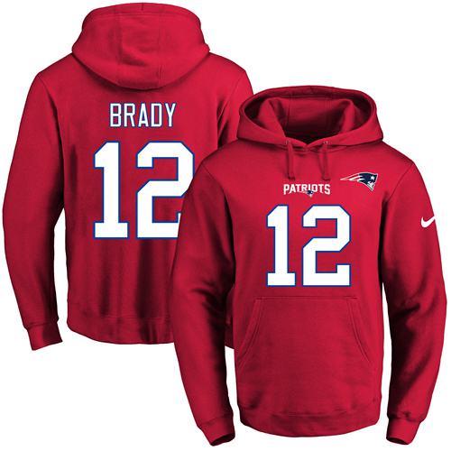 Nike Patriots #12 Tom Brady Red Name & Number Pullover NFL Hoodie - Click Image to Close