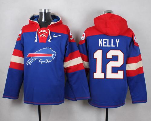 Nike Bills #12 Jim Kelly Royal Blue Player Pullover NFL Hoodie