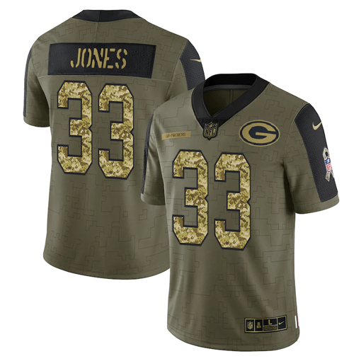 Men's Green Bay Packers #33 Aaron Jones 2021 Olive Camo Salute To Service Limited Stitched Jersey - Click Image to Close