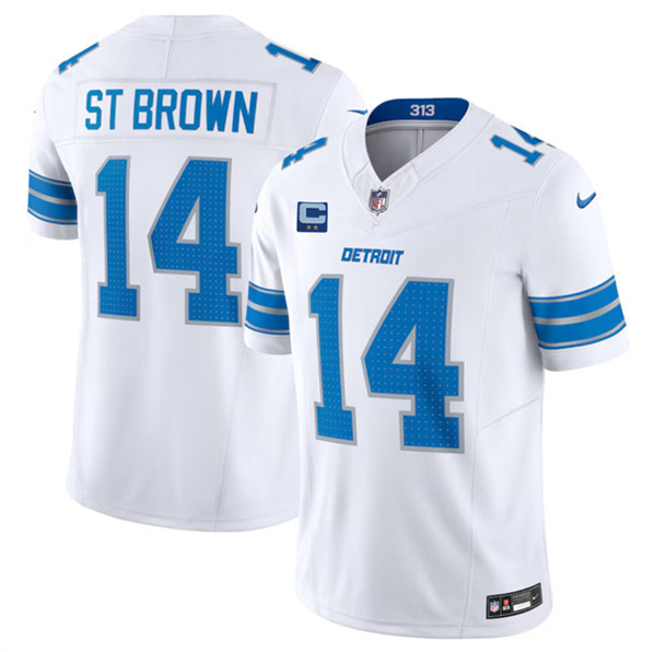 Men's Detroit Lions #14 Amon-Ra St. Brown White 2024 F.U.S.E. With 2-Star C Patch Vapor Limited Football Stitched Jersey