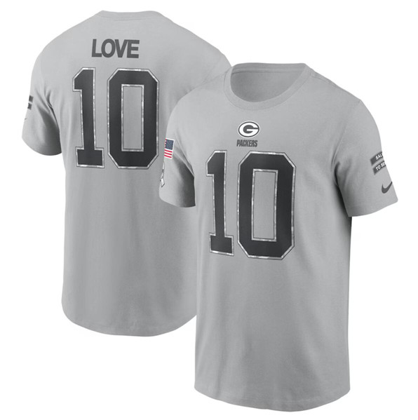 Men's Green Bay Packers #10 Jordan Love 2024 Gray Salute To Service Name & Number T-Shirt