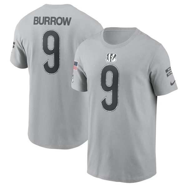 Men's Cincinnati Bengals #9 Joe Burrow 2024 Gray Salute To Service Name & Number T-Shirt