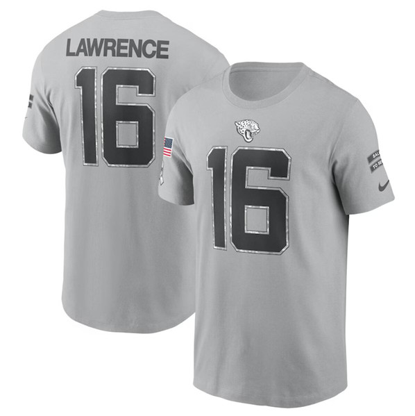 Men's Jacksonville Jaguars #16 Trevor Lawrence 2024 Gray Salute To Service Name & Number T-Shirt