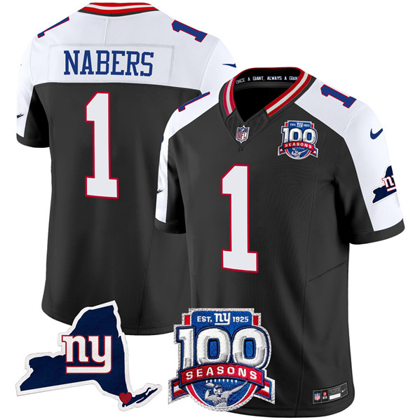 Men's New York Giants #1 Malik Nabers Black 2024 F.U.S.E. 100th Season And State Patch Vapor Limited Alternate Football Stitched Jersey