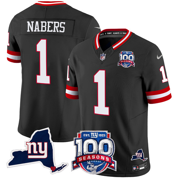 Men's New York Giants #1 Malik Nabers Black 2024 F.U.S.E. 100th Season And State Patch Vapor Limited Football Stitched Jersey