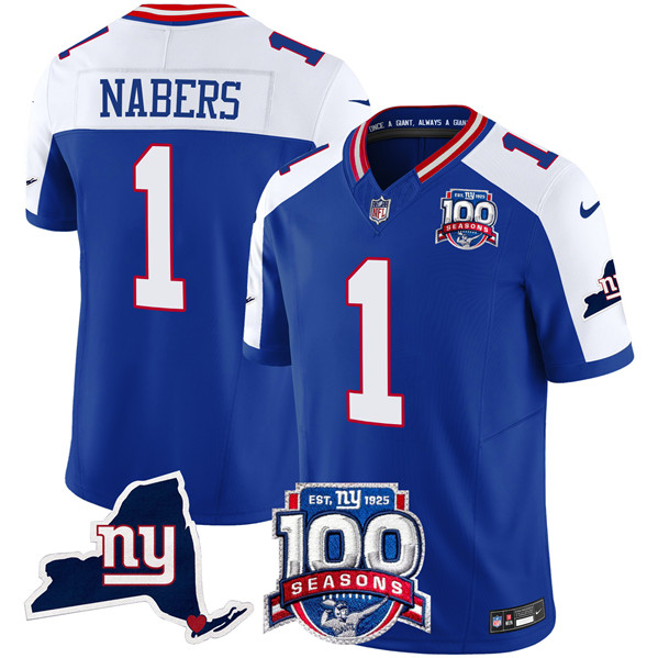 Men's New York Giants #1 Malik Nabers Royal 2024 F.U.S.E. 100th Season And State Patch Vapor Limited Alternate Football Stitched Jersey