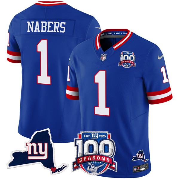 Men's New York Giants #1 Malik Nabers Royal 2024 F.U.S.E. 100th Season And State Patch Vapor Limited Football Stitched Jersey