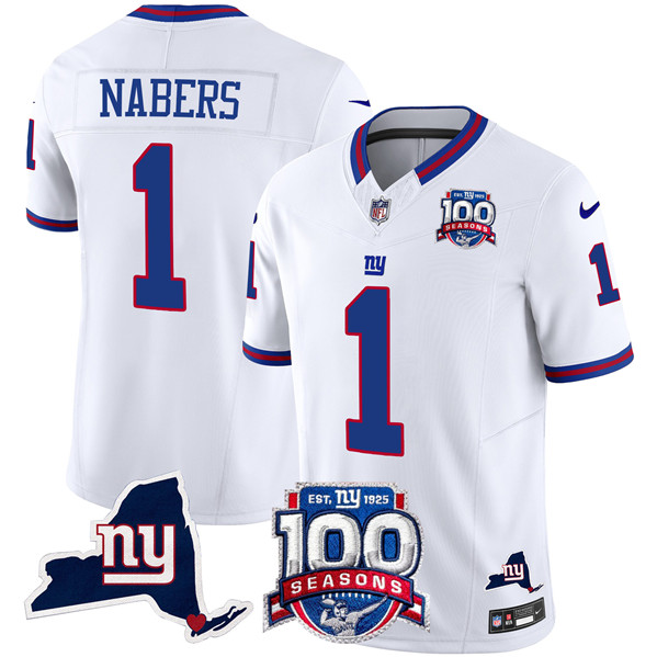 Men's New York Giants #1 Malik Nabers White 2024 F.U.S.E. 100th Season And State Patch Vapor Limited Football Stitched Jersey