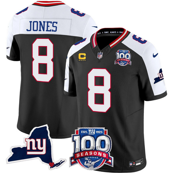 Men's New York Giants #8 Daniel Jones Black 2024 F.U.S.E. With 4-Star C Patch 100th Season And State Patch Vapor Limited Alternate Football Stitched Jersey