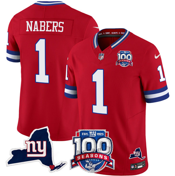 Men's New York Giants #1 Malik Nabers Red 2024 F.U.S.E. 100th Season And State Patch Vapor Limited Football Stitched Jersey