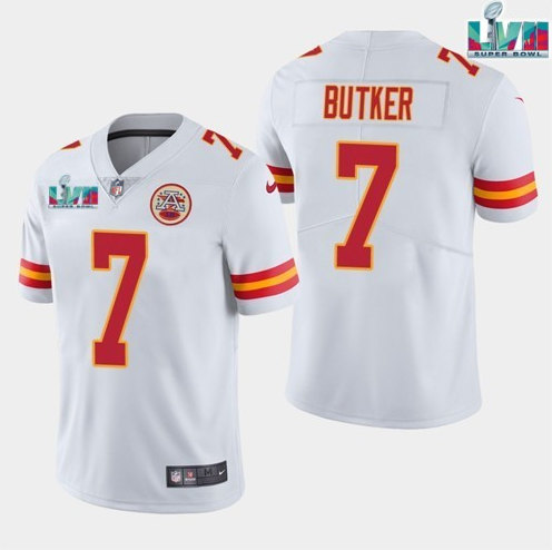 Men??s Kansas City Chiefs #7 Harrison Butker White Super Bowl LVII Patch Vapor Untouchable Limited Stitched Jersey