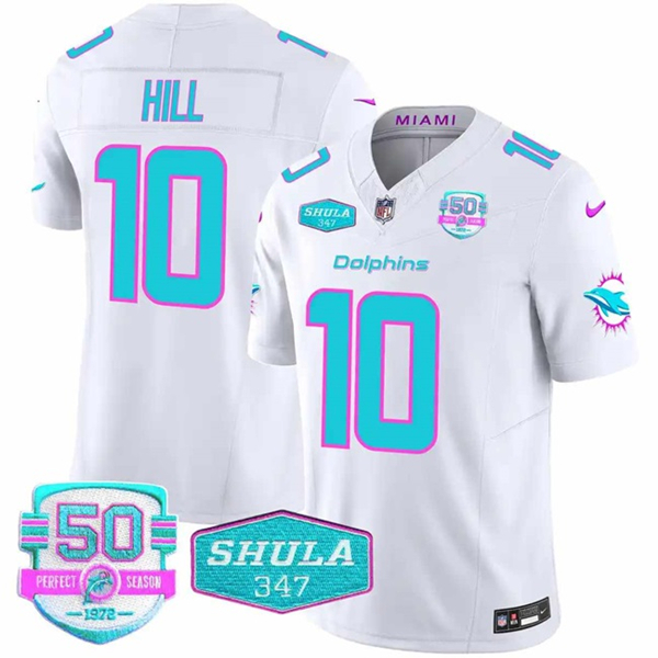 Men's Miami Dolphins #10 Tyreek Hill White F.U.S.E. With 347 Shula Patch And 50th Perfect Season Patch Vapor Limited Football Stitched Jersey