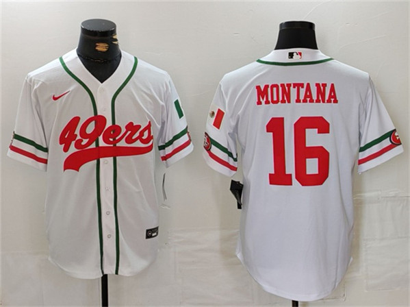 Men's San Francisco 49ers #16 Joe Montana White With Patch Cool Base Baseball Stitched Jersey - Click Image to Close