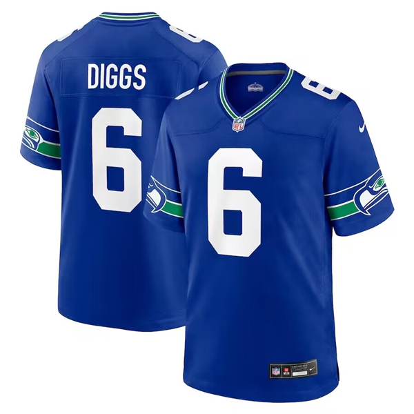 Men's Seattle Seahawks #6 Quandre Diggs Royal Throwback Stitched Game Jersey - Click Image to Close