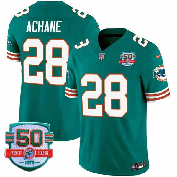 Men's Miami Dolphins #28 De'Von Achane Aqua F.U.S.E With 50th Perfect Season Patch Vapor Limited Football Stitched Jersey