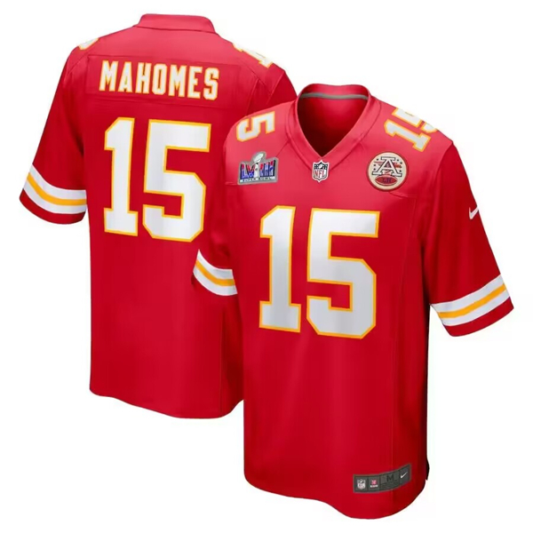 Men??s Kansas City Chiefs #15 Patrick Mahomes Red Super Bowl LVIII Patch Limited Football Stitched Game Jersey