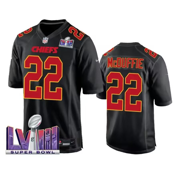 Men's Kansas City Chiefs #22 Trent McDuffie Black 2024 Super Bowl LVIII Patch Limited Football Stitched Game Jersey