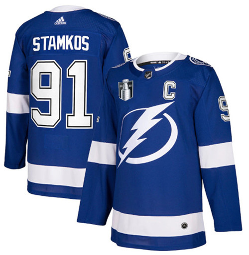 Men's Tampa Bay Lightning #91 Steven Stamkos 2022 Blue Stanley Cup Final Patch Stitched Jersey