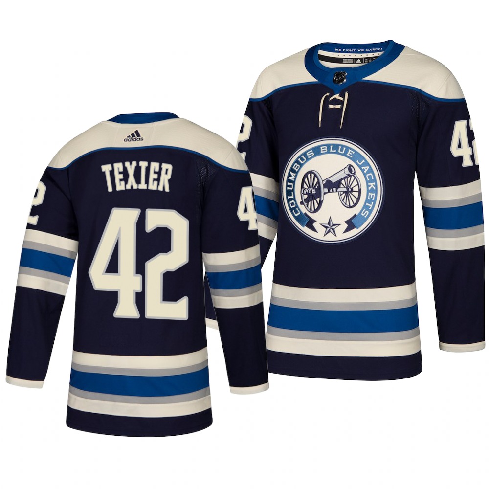 Men's Columbus Blue Jackets #42 Alexandre Texier Navy Blue Stitched NHL Jersey